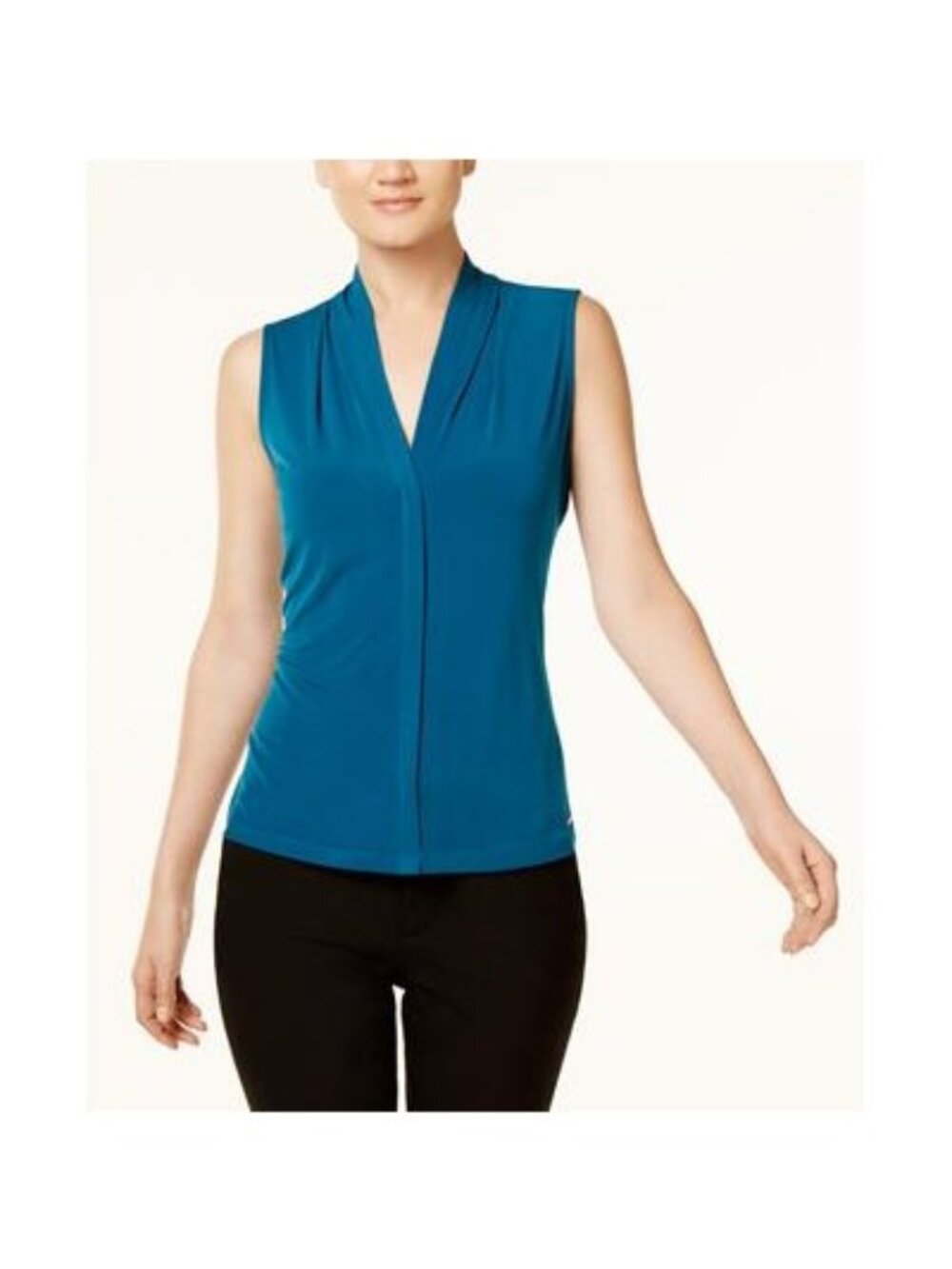 Calvin Klein Women's Gathered V-Neck Sleeveless Top, Cypress, Medium, NWT